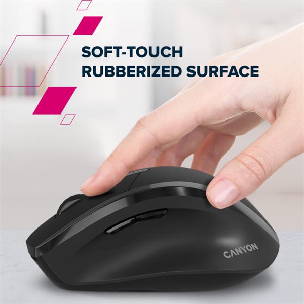 Canyon OnClick 17, ergonomická bezdrôtová optická myš pre pravákov, USB prijímač, 6 tlačidiel, 800/1200/1600 DPI, čierna16 
