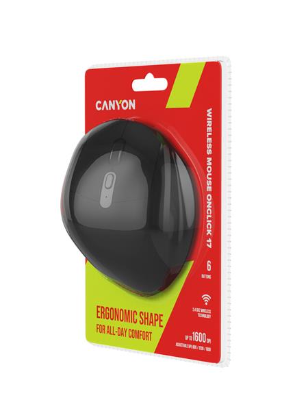 Canyon OnClick 17, ergonomická bezdrôtová optická myš pre pravákov, USB prijímač, 6 tlačidiel, 800/1200/1600 DPI, čierna23 