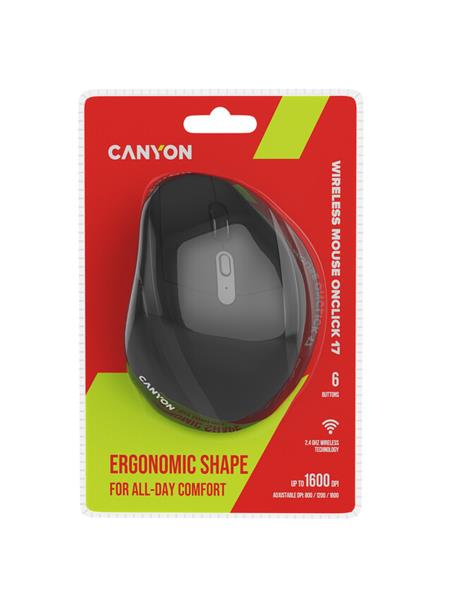 Canyon OnClick 17, ergonomická bezdrôtová optická myš pre pravákov, USB prijímač, 6 tlačidiel, 800/1200/1600 DPI, čierna25 