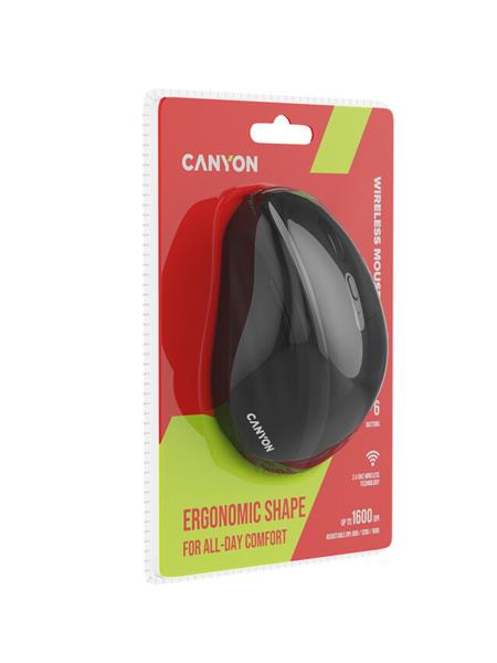 Canyon OnClick 17, ergonomická bezdrôtová optická myš pre pravákov, USB prijímač, 6 tlačidiel, 800/1200/1600 DPI, čierna27 