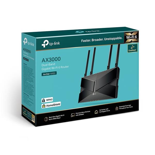 AX3000 Dual-Band Wi-Fi 6 Router
SPEED: 574 Mbps at 2.4 GHz + 2402 Mbps at 5 GHz 
SPEC: 4× Antennas, 1× Gigabit WAN Por 