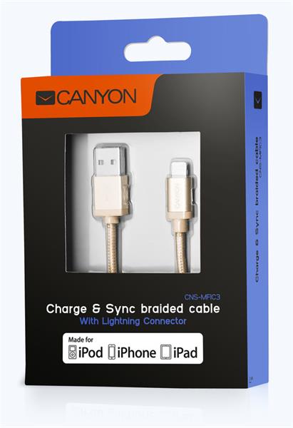 Canyon MFIC3, 1 m prémiový opletený kábel Lightning/USB, MFI schválený Apple, zlatý 