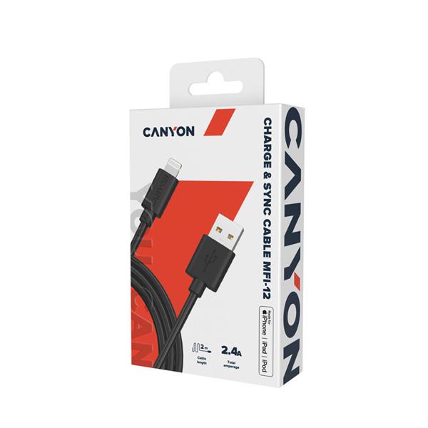 Canyon MFI-12, 2 m PVC kábel Lightning/USB, 5V/2.4A, MFI schválený Apple, čierny 
