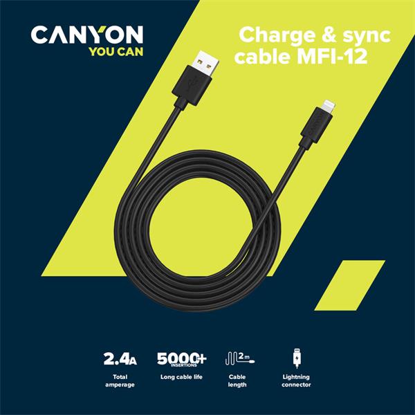 Canyon MFI-12, 2 m PVC kábel Lightning/USB, 5V/2.4A, MFI schválený Apple, čierny 