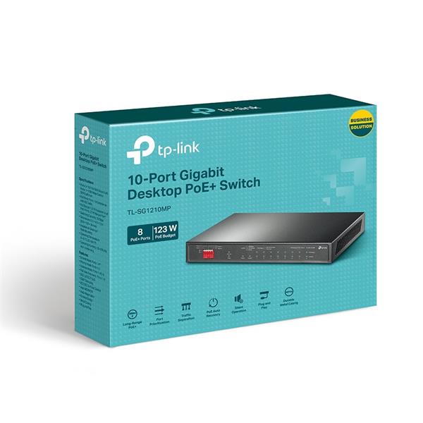 10-Port Gigabit Desktop Switch with 8-Port PoE+ PORT: 8× Gigabit PoE+ Ports, 2x Gigabit Non-PoE Ports, 1× Combo Gigabit  