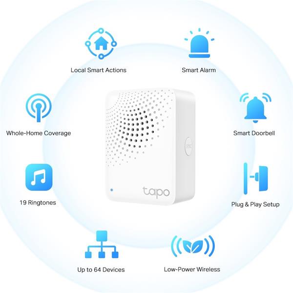 Smart IoT Hub with Chime SPEC: 2.4 GHz Wi-Fi Networking, 868 MHz for Devices, 100-240 V~, 50/60 Hz, Plug-in FEATURE: Rem 