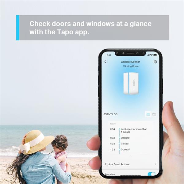 Smart Door/Window Sensor SPEC: 868 MHz, battery powered(1*CR2032), 3M tape paste Feature: Tapo smart app, Tapo IoT hub r 