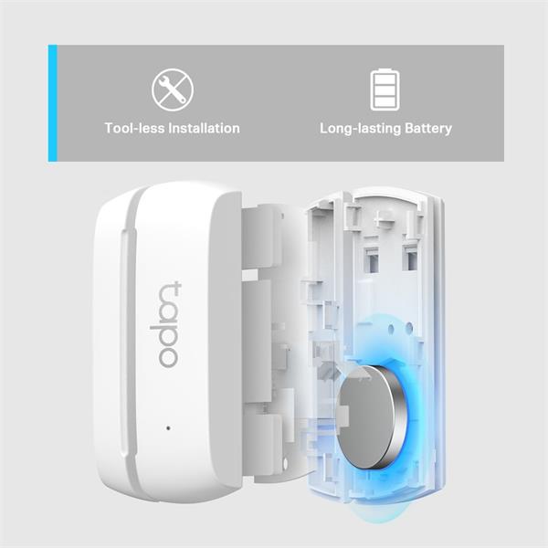 Smart Door/Window Sensor SPEC: 868 MHz, battery powered(1*CR2032), 3M tape paste Feature: Tapo smart app, Tapo IoT hub r 
