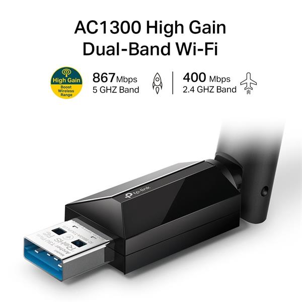 AC1300 High Gain Dual Band Wi-Fi USB Adapter SPEED: 867 Mbps at 5 GHz, 400 Mbps at 2.4 GHz SPEC: 1× High Gain External A 