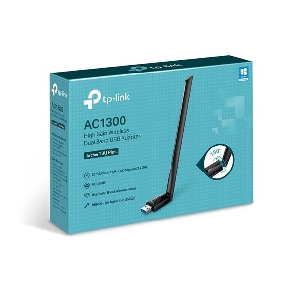AC1300 High Gain Dual Band Wi-Fi USB Adapter SPEED: 867 Mbps at 5 GHz, 400 Mbps at 2.4 GHz SPEC: 1× High Gain External A 