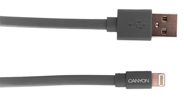 Canyon MFI-2, 1m plochý kábel Lightning/USB, MFI schválený Apple, tmavo-šedý 
