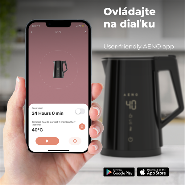 AENO Rychlovarná smart kanvica EK7S - cierna 2200W,1,7 l,Strix,dvojité steny,regulácia teploty,WiFi, LEDdisplej,auto vyp 