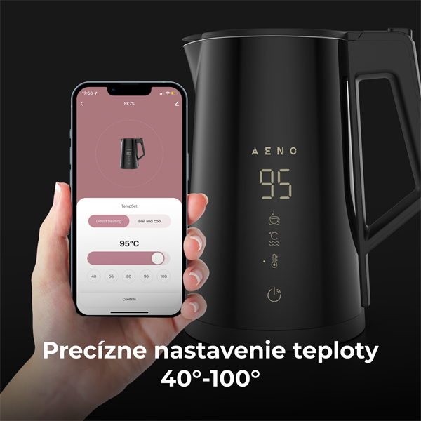 AENO Rychlovarná smart kanvica EK7S - cierna 2200W,1,7 l,Strix,dvojité steny,regulácia teploty,WiFi, LEDdisplej,auto vyp 