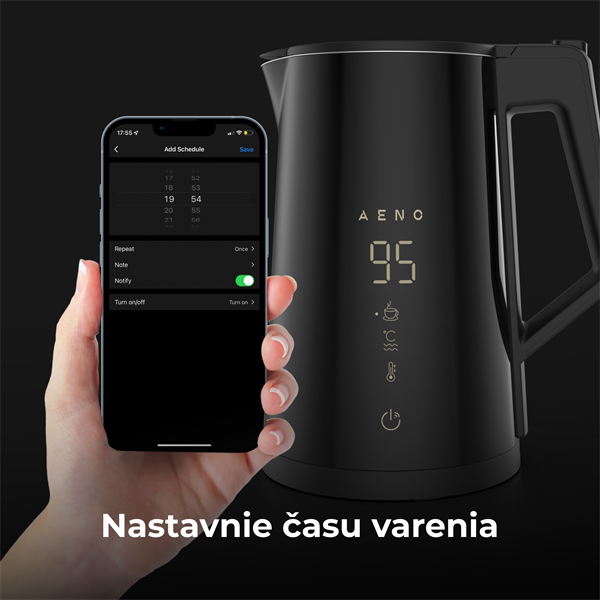 AENO Rychlovarná smart kanvica EK7S - cierna 2200W,1,7 l,Strix,dvojité steny,regulácia teploty,WiFi, LEDdisplej,auto vyp 