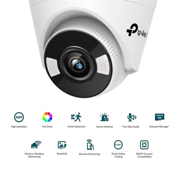 4MP Full-Color Wi-Fi Turret Network Camera SPEC:2.4G 150Mbps, 2*2 MIMO, H.265+/H.265/H.264+/H.264, 1/3" Progressive Scan 