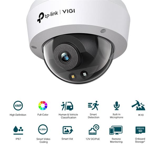 4MP Full-Color Dome Network Camera SPEC: H.265+/H.265/H.264+/H.264, 1/3" Progressive Scan CMOS, Color/0.005 Lux@F1.6, 0  