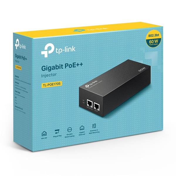 Omada PoE++ Injector Adapter PORT: 1× Gigabit PoE Port, 1× Gigabit Non-PoE Port SPEC: 802.3bt/at/af Compliant, 60 W PoE  
