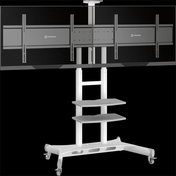 ONKRON DUAL TV mobilný stojan pre 2 ks 40-65" s policami, výškovo nastaviteľný, biely / 2 balenia 