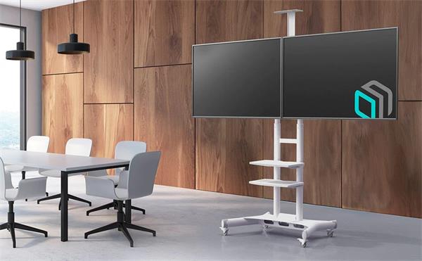 ONKRON DUAL TV mobilný stojan pre 2 ks 40-65" s policami, výškovo nastaviteľný, biely / 2 balenia 