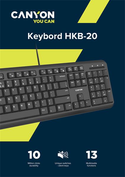 Canyon HKB-20, klávesnica, USB, séria Velvet Tread - tichá 104 kláv, 13 multimed., štíhla, čierna, SK/CZ 