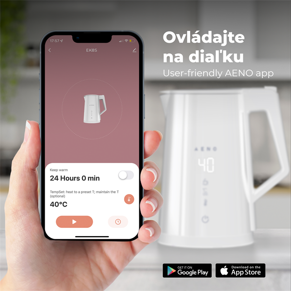 AENO Rýchlovarná smart kanvica EK8S biela, 2200W,1,7 l,Strix,dvojité steny,regulácia teploty,WiFi, LEDdisplej,auto vyp 