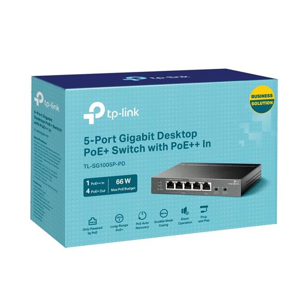 5-Port Gigabit Desktop Switch with 1-Port PoE++ In and 4-Port PoE+ Out PORT: 4× Gigabit PoE+ Out Ports, 1× Gigabit PoE++ 