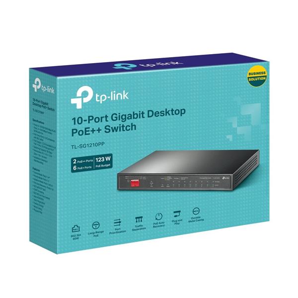 10-Port Gigabit Desktop Switch with 6-Port PoE+ and 2-Port PoE++ PORT: 2× Gigabit PoE++ Ports, 6× Gigabit PoE+ Ports, 2x 