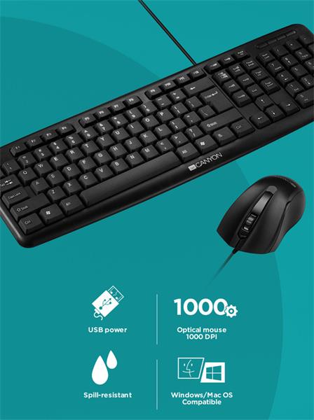 Canyon SET-1,  USB combo - plnohodnotná klávesnica,  SK/CZ  + obojručná myš 1.000 dpi 