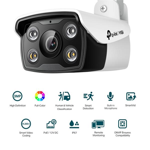 3MP Outdoor Full-Color Bullet Network Camera SPEC: H.265+/H.265/H.264+/H.264, 1/2.8" Progressive Scan CMOS, Color/0.005  