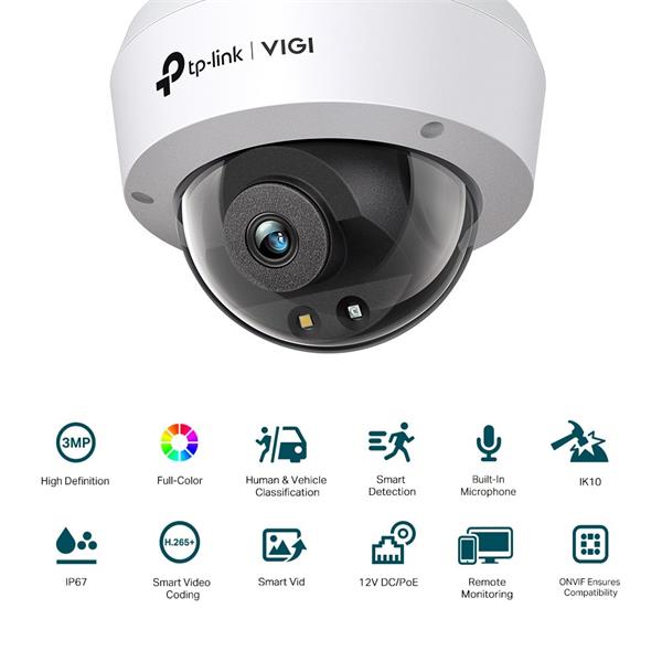 3MP Full-Color Dome Network Camera SPEC: H.265+/H.265/H.264+/H.264, 1/2.8" Progressive Scan CMOS, Color/0.005 Lux@F1.6,  