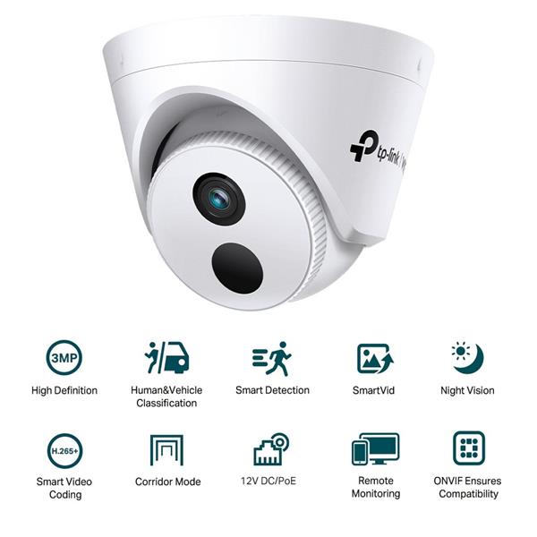 3MP Turret Network Camera SPEC: H.265+/H.265/H.264+/H.264, 1/2.8" Progressive Scan CMOS, Color/0.01 Lux@F2.0, 0 Lux with 