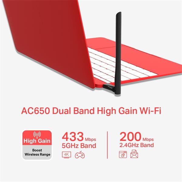 AC650 High Gain Wireless Dual Band USB Adapter SPEED: 200 Mbps at 2.4 GHz + 433 Mbps at 5 GHz SPEC: 1× High Gain Externa 