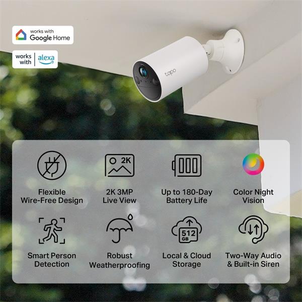 Smart Wire-Free Indoor/Outdoor Security Camera SPEC: 2K (2304x1296), 2.4 GHz, 6400mAh rechargeable lithium-ion battery F 