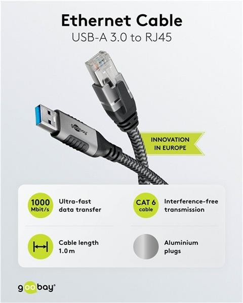 Kábel USB A 3.0 na RJ45 (Gigabit Ethernet), 1m, čierny/sivý 