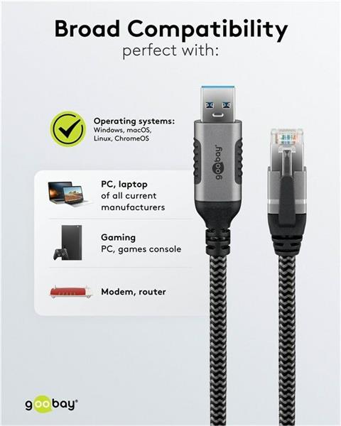 Kábel USB A 3.0 na RJ45 (Gigabit Ethernet), 1m, čierny/sivý 