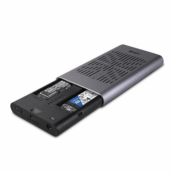 Lindy externý box / Adaptér USB 3.1 Typ C na 2x NVMe M.2 SSD HDD (B+M-key), Klonovanie,10Gbps, strieborný 