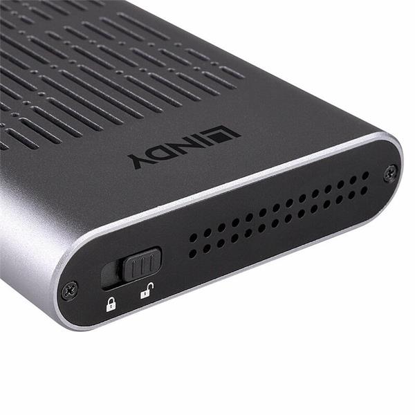 Lindy externý box / Adaptér USB 3.1 Typ C na 2x NVMe M.2 SSD HDD (B+M-key), Klonovanie,10Gbps, strieborný 