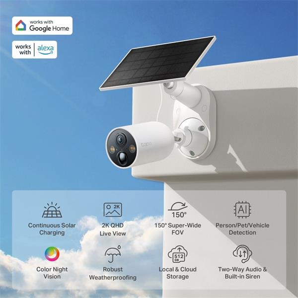 "Solar-Powered Security Camera Kit 1 × Tapo C425, 1 × Tapo A201 SPEC:2K QHD (2560x1440), 2.4 GHz, 10000mAh rechargeable  