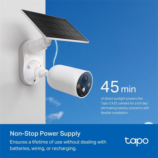 "Solar-Powered Security Camera Kit 1 × Tapo C425, 1 × Tapo A201 SPEC:2K QHD (2560x1440), 2.4 GHz, 10000mAh rechargeable  