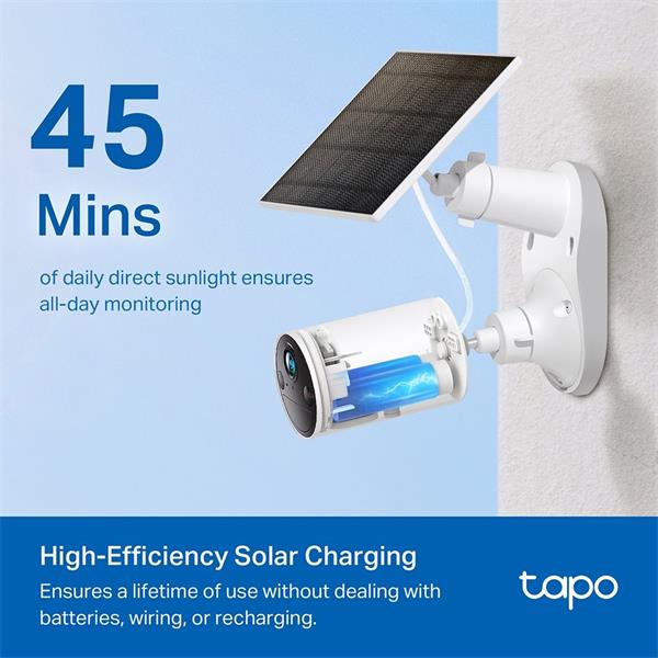"Tapo Solar Panel SPEC: 5.2V 2.5W FEATURE: Type-C Charging Port, Non-Stop Power,  Flexible Solar Installation, Works wit 