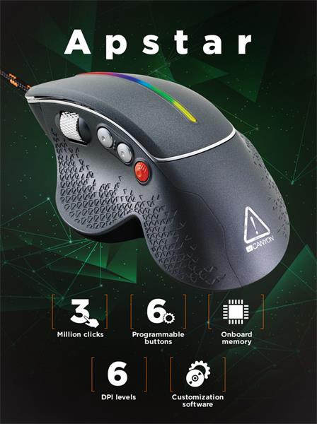 Canyon Apstar, GM-12 herná myš, drôtová, optická, 800-6400 dpi, 6 program. tlač, bočné scroll, LED podsv. 