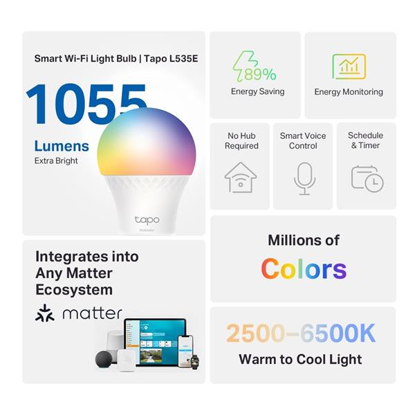Smart Light Bulb, Multicolor,Matter SPEC: A60 bulb, E27 base, 220~240V, 50/60 Hz, 8.6W, 16 Million Colors, 2500K-6500K,  