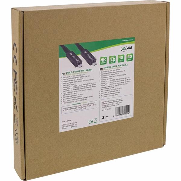Kábel USB 3.2 Gen 2, Typ C CM/CM 10m, 10Gbps, PD 60W 20V3A, čierny, aktívny, optický 