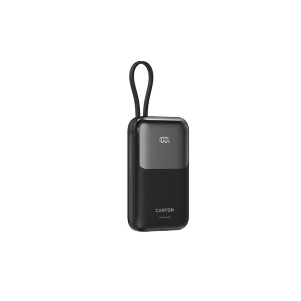 Canyon OnPower 101, Powerbank, 10.000 mAh, displej, in: USB-C, out: USB-A, QC 3.0/USB-C, PD 22,5W, integ. káb.. 