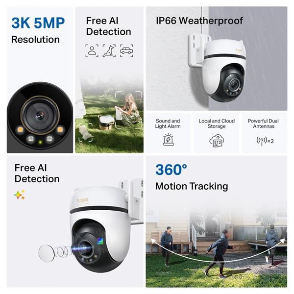 Outdoor Pan/Tilt Security Wi-Fi Camera SPEC: 3K 5MP (2880x1620), 2.4 GHz, 2 × External Antennas, 1 × Ethernet Port, Hori 