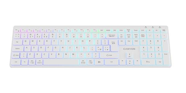 Canyon HKB-W11, 2v1 bezdrôtová klávesnica, vodeodolná, 12 multim. kláves, RGB podsv, plnoh. veľkosť, štíhla, SK/CZ, biel 