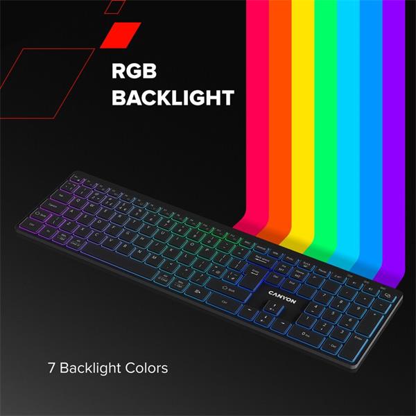 Canyon HKB-W11, 2v1 bezdrôtová klávesnica, vodeodolná, 12 multim. kláves, RGB podsv, plnoh. veľkosť, štíhla, SK/CZ, biel 