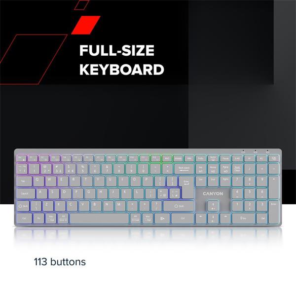 Canyon HKB-W11, 2v1 bezdrôtová klávesnica, vodeodolná, 12 multim. kláves, RGB podsv, plnoh. veľkosť, štíhla, SK/CZ, biel 