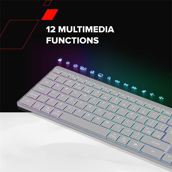 Canyon HKB-W11, 2v1 bezdrôtová klávesnica, vodeodolná, 12 multim. kláves, RGB podsv, plnoh. veľkosť, štíhla, SK/CZ, biel 