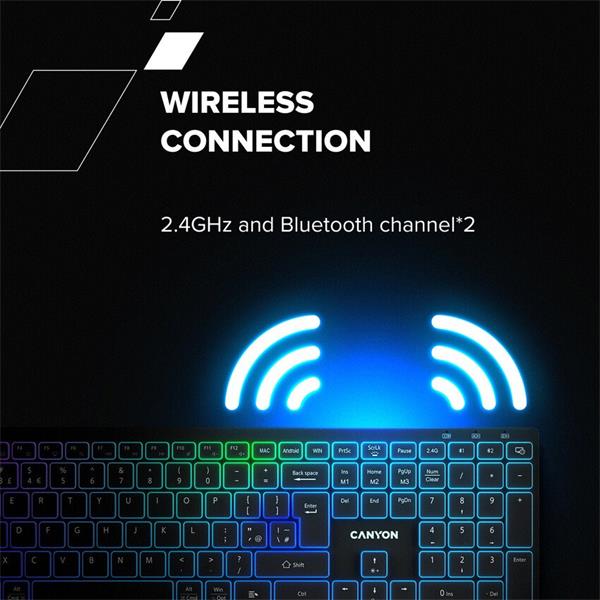 Canyon HKB-W11, 2v1 bezdrôtová klávesnica, vodeodolná, 12 multim. kláves, RGB podsv, plnoh. veľkosť, štíhla, SK/CZ, biel 